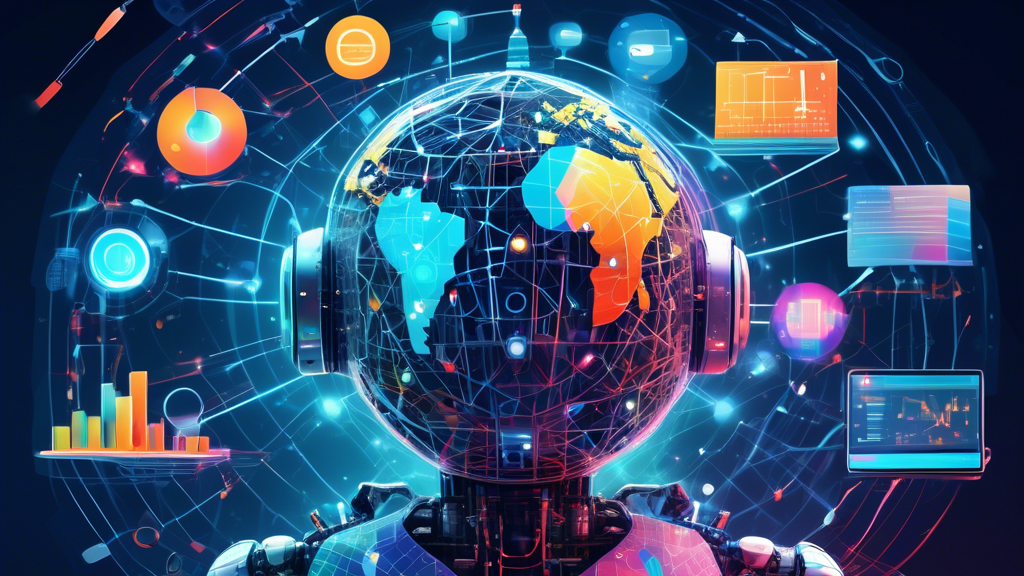 An artistic representation of a futuristic AI robot optimizing a large, complex web represented as a digital globe with glowing connections, surrounded by various tools like graphs, charts, and code s