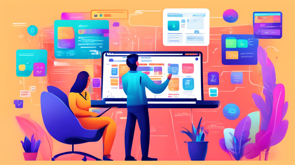 Digital artist creating a detailed, colorful illustration of a UX designer conducting an audit on an e-commerce website, showcasing various UX tools, user personas, flowcharts, and website wireframes,