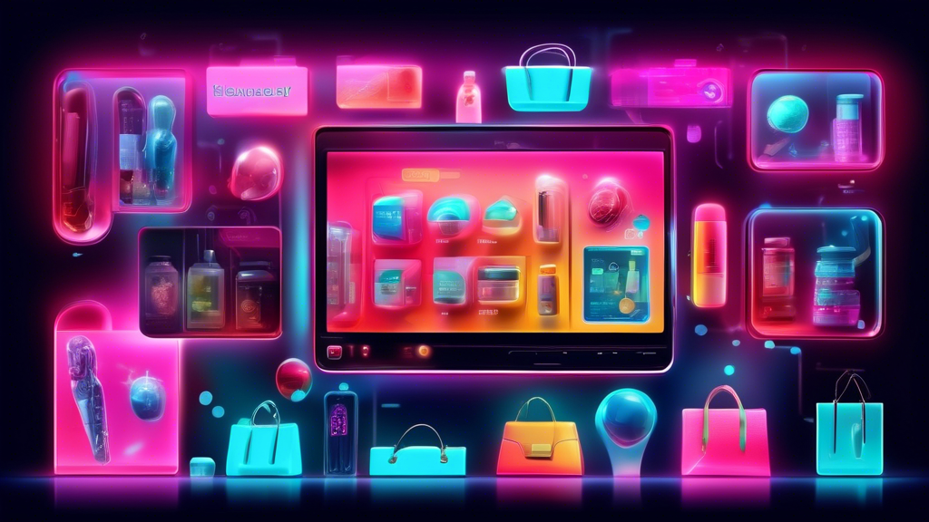 A futuristic digital storefront displaying a variety of products with personalized recommendation bubbles hovering over each item, in a sleek, high-tech shopping interface.