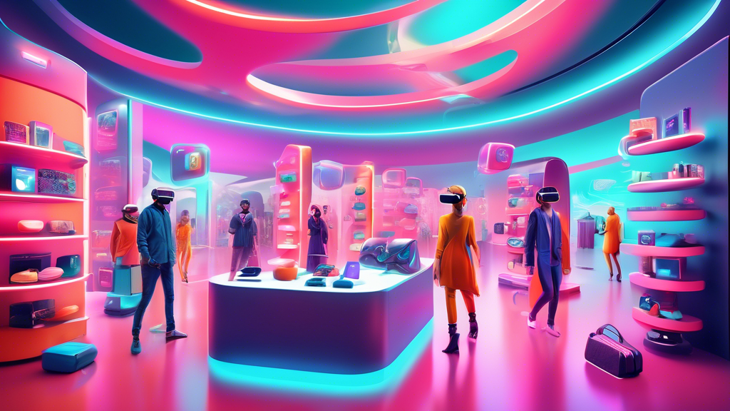 Create an image of a futuristic virtual shopping mall with shoppers wearing VR headsets, interacting with floating 3D models of various products like electronics, clothing, and furniture in a sleek, h