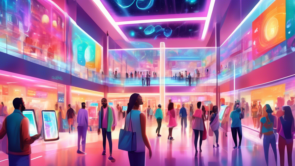 A digital painting of a diverse group of people joyfully shopping in a futuristic mall, each holding holographic screens displaying Shop Pay Installments options, with colorful icons and user-friendly