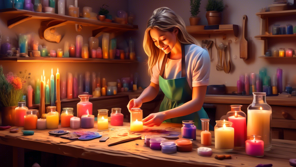 Create a digital painting of a cozy craft room with soft, warm lighting, featuring a person in an apron carefully pouring melted wax into a candle mold. In the background, arrange various colorful can