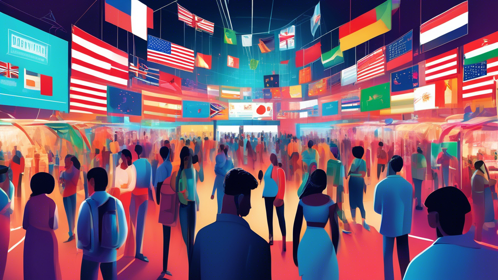 Digital artwork of a bustling futuristic digital marketplace with various national flags flying above, people from diverse ethnicities browsing virtual stalls, and hovering digital screens displaying