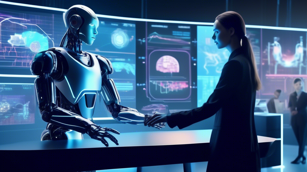 An image depicting a futuristic marketplace where humans and robots collaborate, with a large digital display showing graphs and AI data analysis in the background. In the foreground, a human entrepre