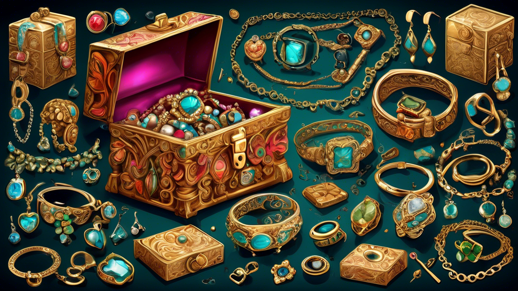 A sophisticated, secure shipping box adorned with intricate lock mechanisms, surrounded by various elegant pieces of jewelry like rings, necklaces, and earrings, depicted in a highly detailed digital