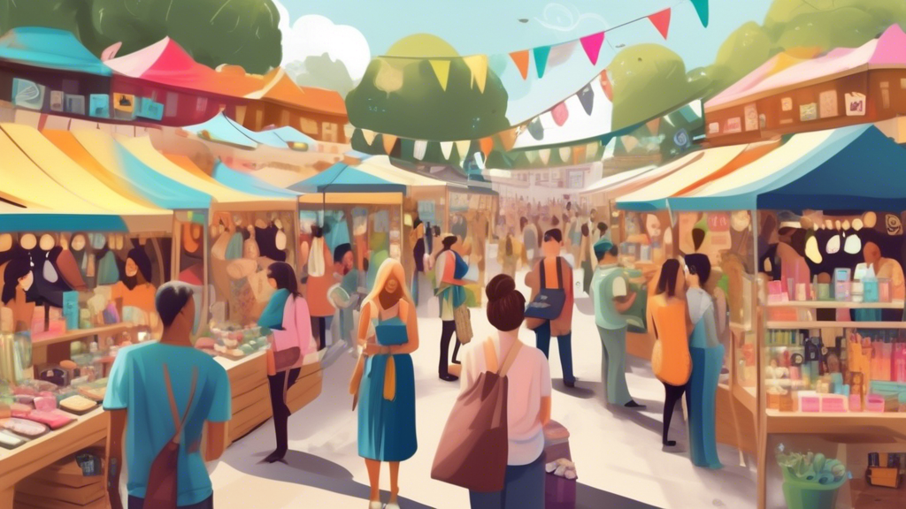 Create a whimsical image of a busy outdoor market, with a variety of colorful stalls each vividly displaying unique products like handcrafted jewelry, organic soaps, and vintage clothes. Each stall fe