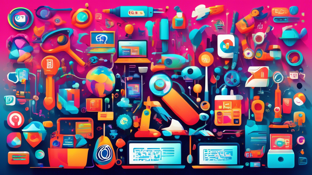 Digital collage of various iconic SEO tools logos and icons, floating over a bustling digital marketplace filled with diverse online stores and customers, illustrated in a vibrant, futuristic style.