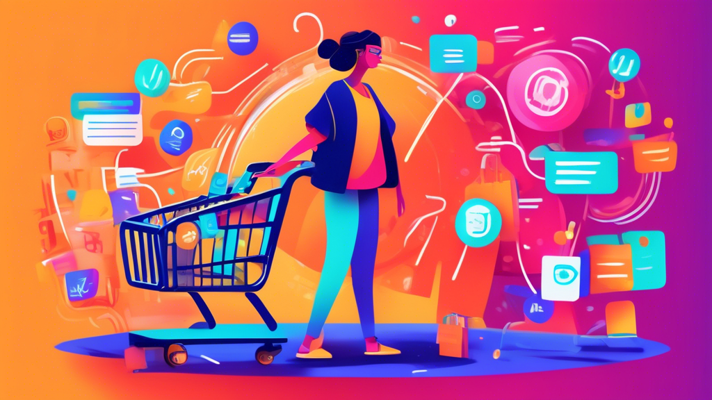 A digital illustration of a frustrated shopper abandoning a full shopping cart at an online checkout page, with floating icons representing different strategies (like discounts, security badges, and c