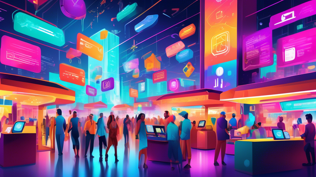 A futuristic digital painting of a bustling virtual marketplace with diverse payment processing options floating above each vendor's booth, showcasing technologies like contactless, blockchain, and mo