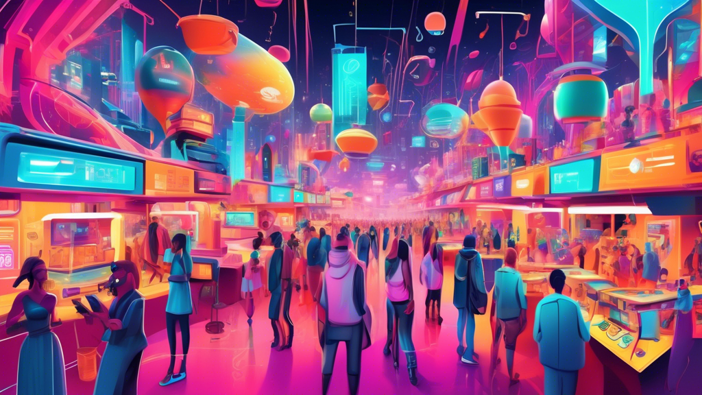 An imaginative digital artwork of a bustling futuristic marketplace, displaying various small startup kiosks innovatively using AI and VR technology to engage with diverse global customers in a lively