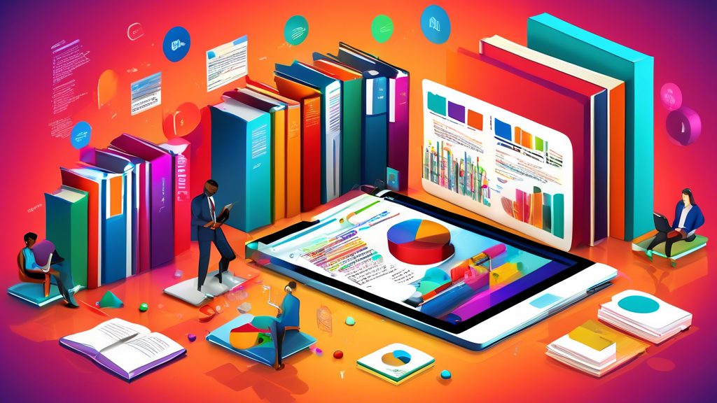 A visually engaging digital library setting with books and floating 3D words such as conversion rate, control group, variable, and statistical significance, subtly incorporating modern digital tools l