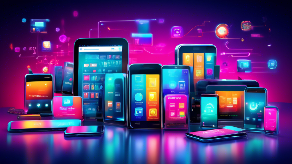 An array of futuristic smartphones and digital devices, each displaying a unique, vibrant interface of a top SMS marketing tool, set against a high-tech, digital marketing command center background.