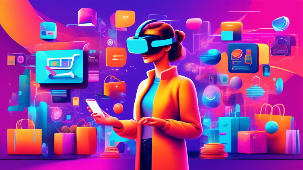 A futuristic digital collage showcasing the top 10 user experience trends for ecommerce in 2024, featuring virtual reality shopping, AI chatbots interacting with customers, personalized recommendation