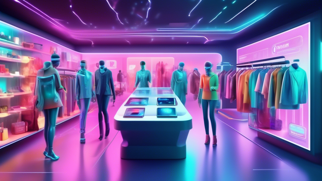 Create a futuristic online shopping scene where humans are interacting with advanced AI technologies Include virtual shopping assistants, personalized product recommendations displayed on holographic screens, and a seamless checkout process using facial recognition The environment should be cutting-edge and showcase a variety of products from clothing to electronics, all digitally interconnected within the store